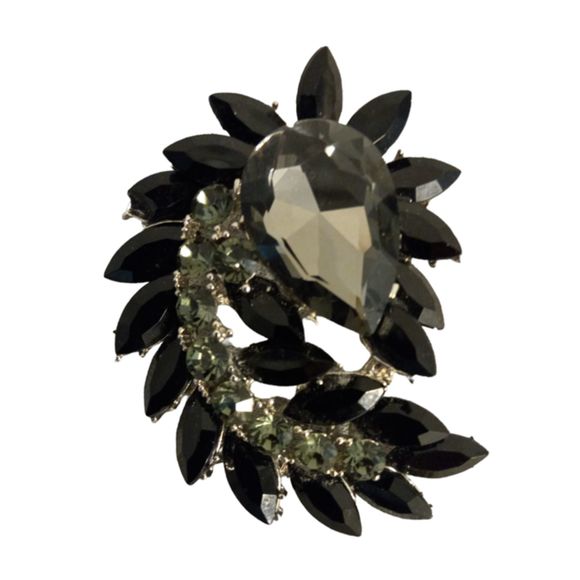 3" Marquise Shape Rhinestone Black Stone Costume Brooch Pin Jewelry Silver Tone - Picture 1 of 5